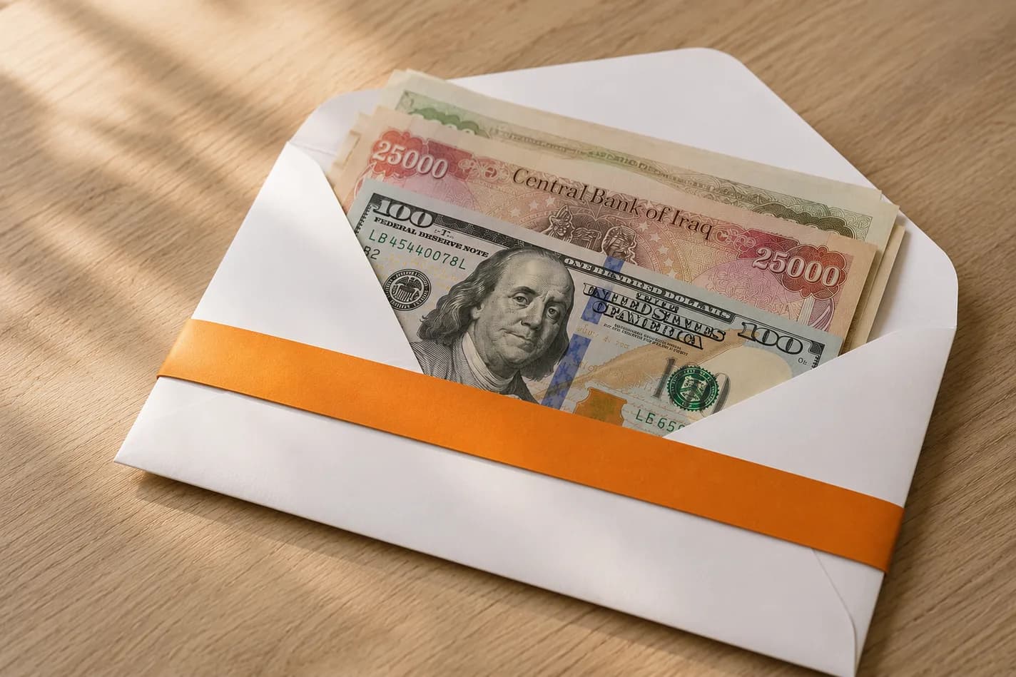 An open envelope holding US dollar and Iraqi dinar banknotes on a wooden desk