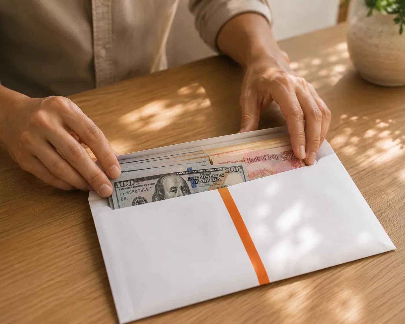 Hands sealing a currency envelope on a wooden desk