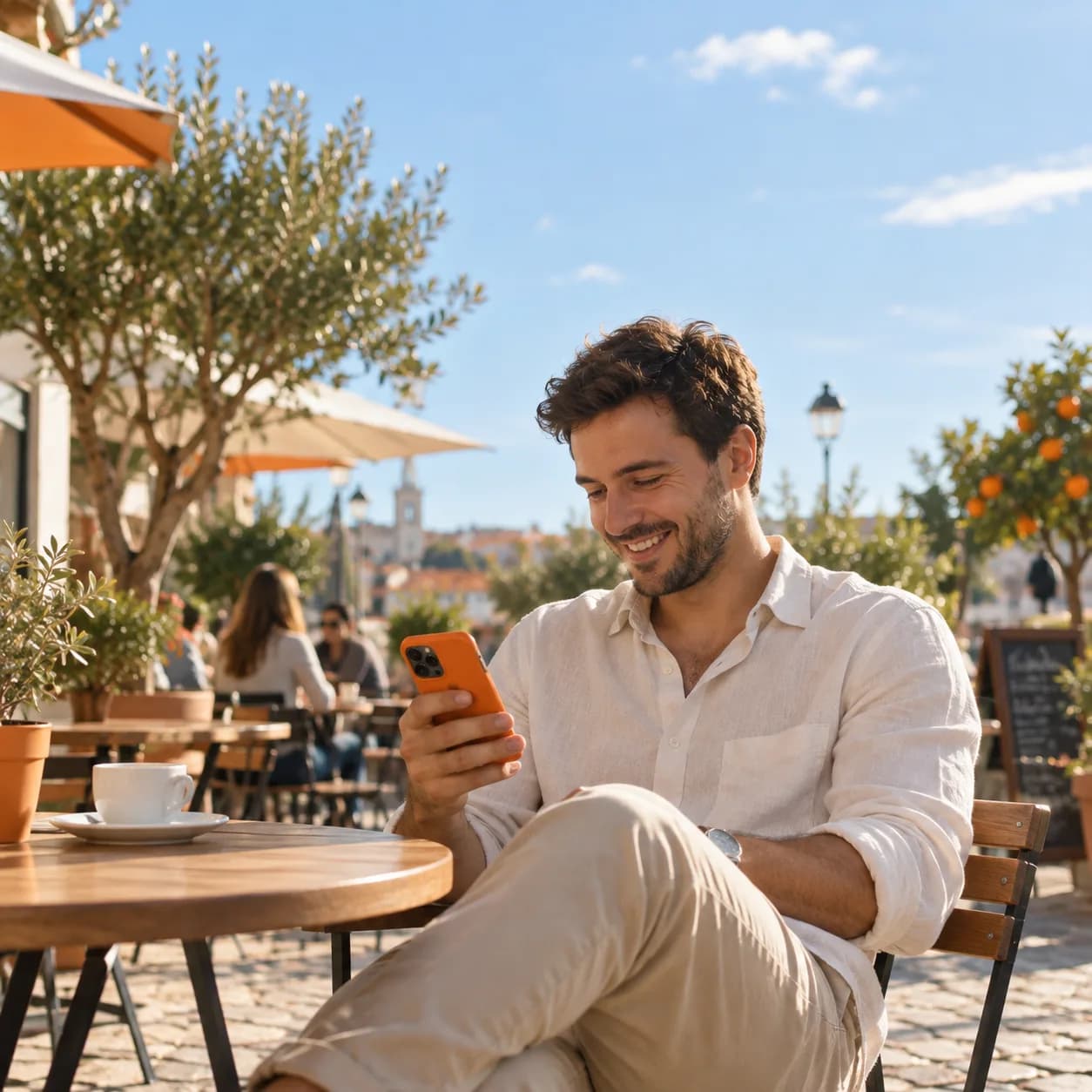 A customer checking currency rates on his phone at an outdoor cafe table
