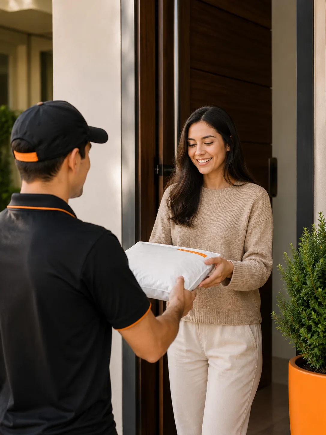 A courier handing an insured currency parcel to a customer at her door