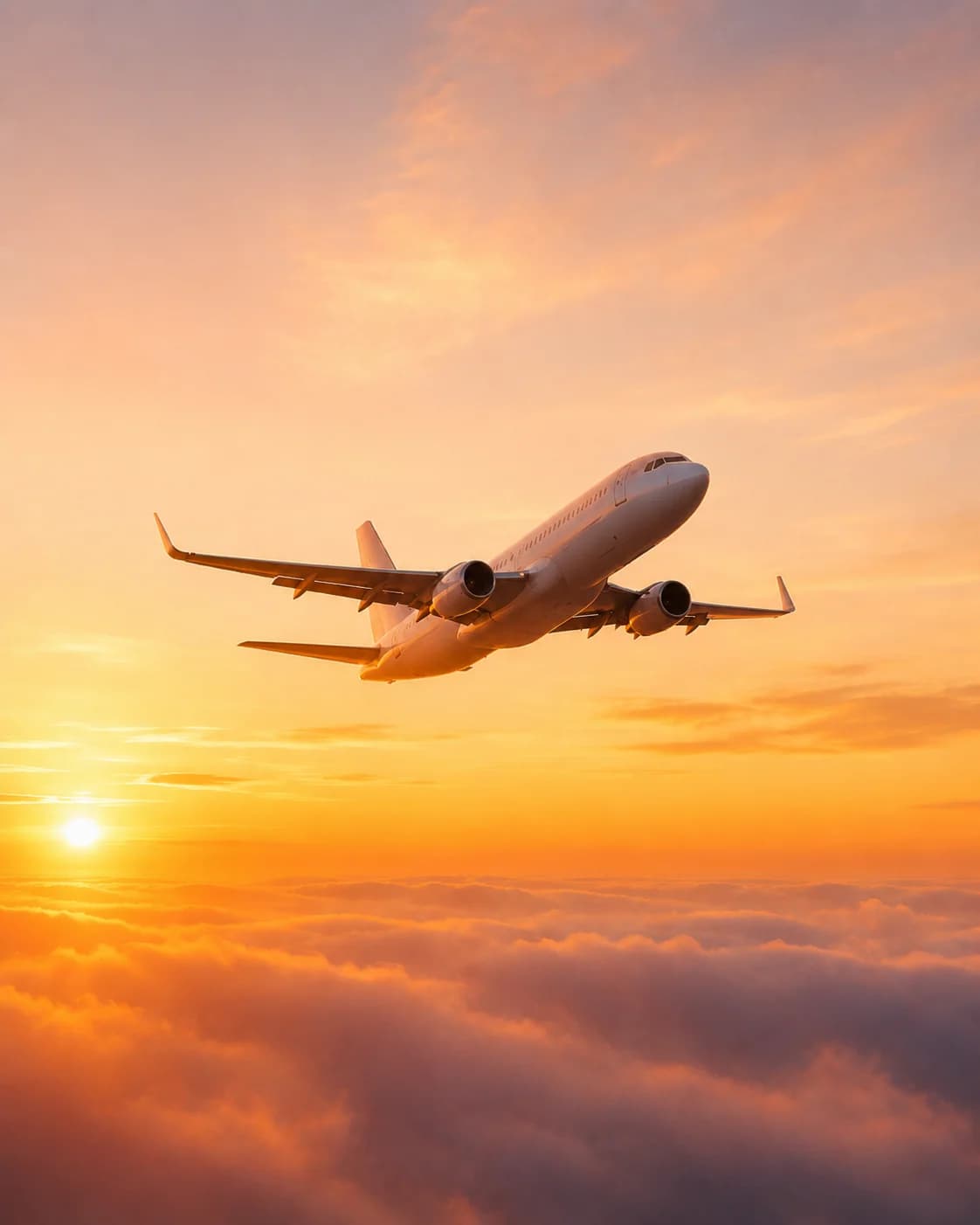 Airplane flying over clouds at sunset