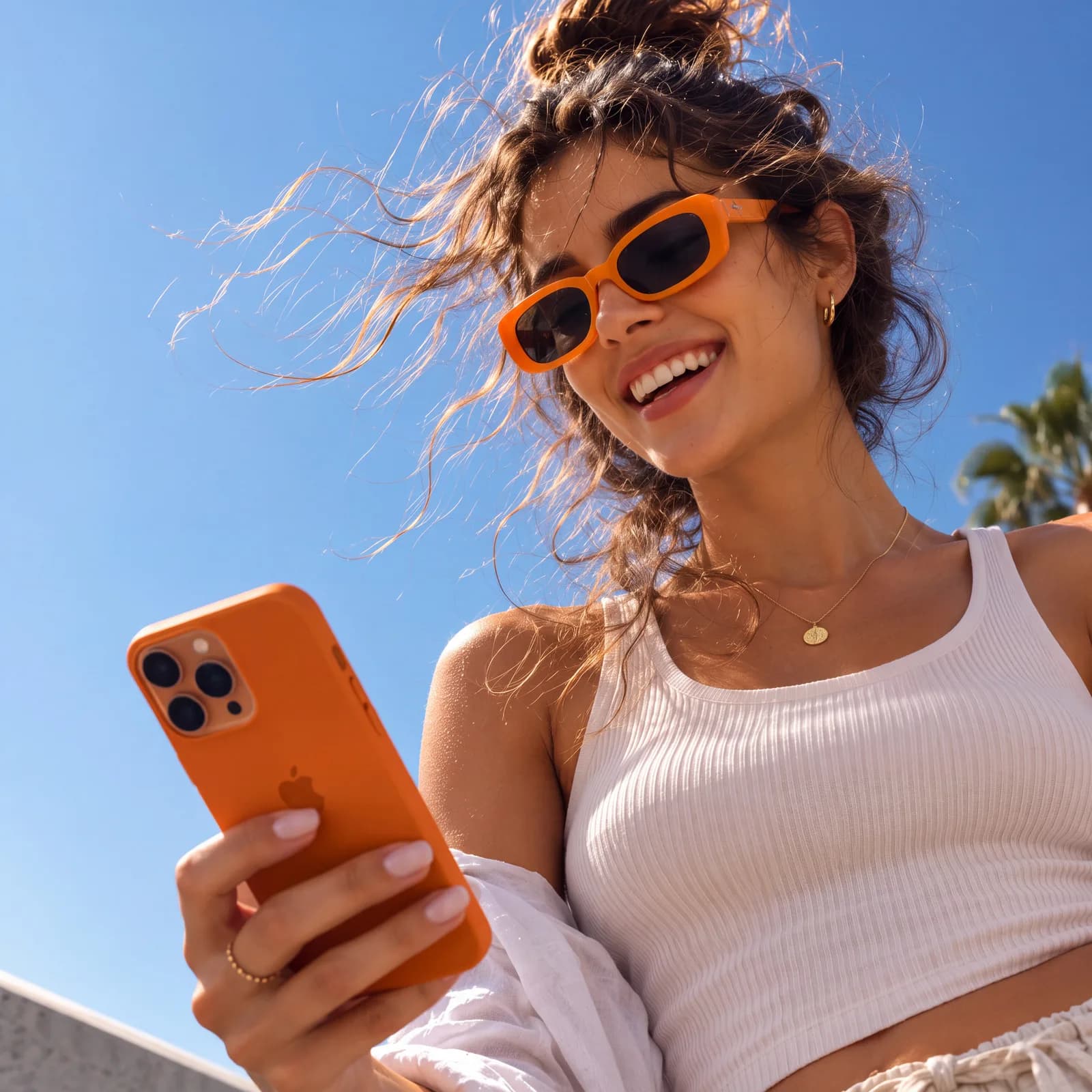 A smiling customer checking her phone on a sunny terrace