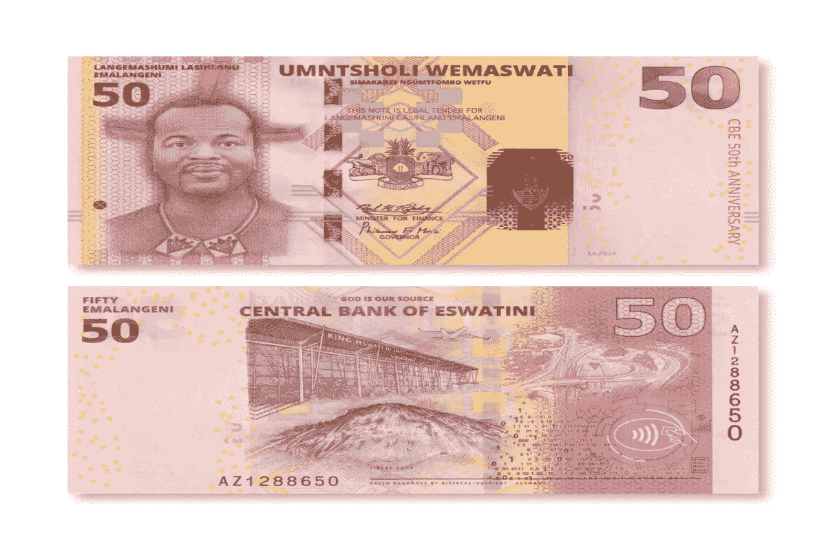 50 Emalangeni banknote from Eswatini, front and back sides.