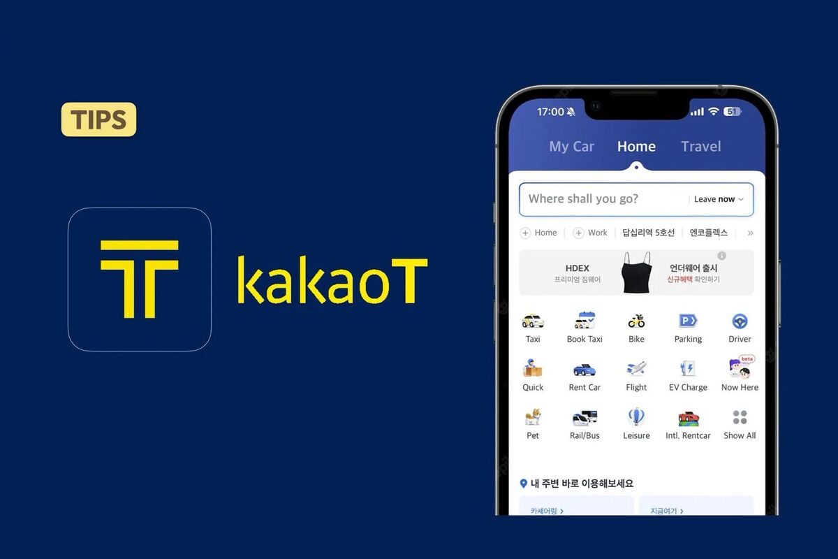 Kakao T app on phone with icons, travel options, and logo on blue background.