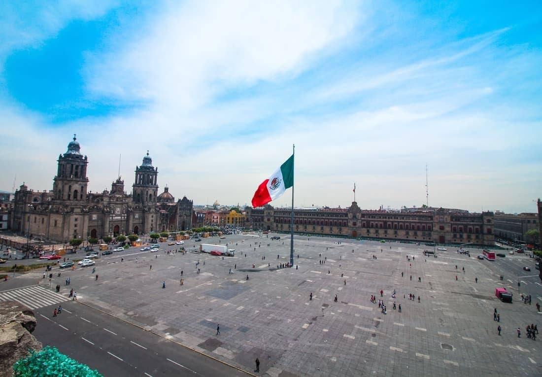 Mexican Flag Waving in Mexico’s Centro Histórico With Cathedral and Presidential Palace in the Back