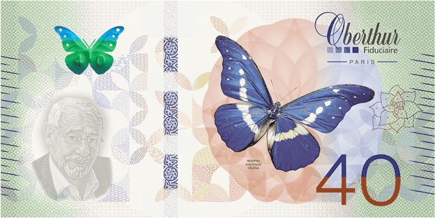 Banknote of 40 featuring blue and green butterflies on a pastel background.