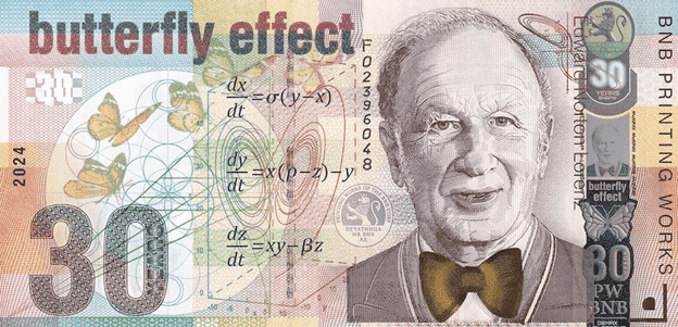 A 30 banknote featuring butterfly effect motifs, including mathematical equations and butterfly illustrations