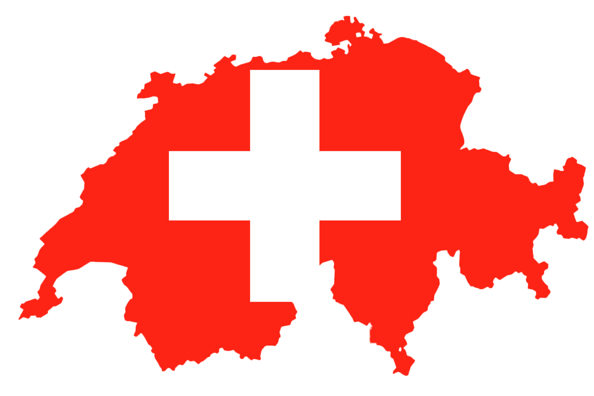 Switzerland’s outline filled with red and a white cross in the center, resembling the Swiss flag.