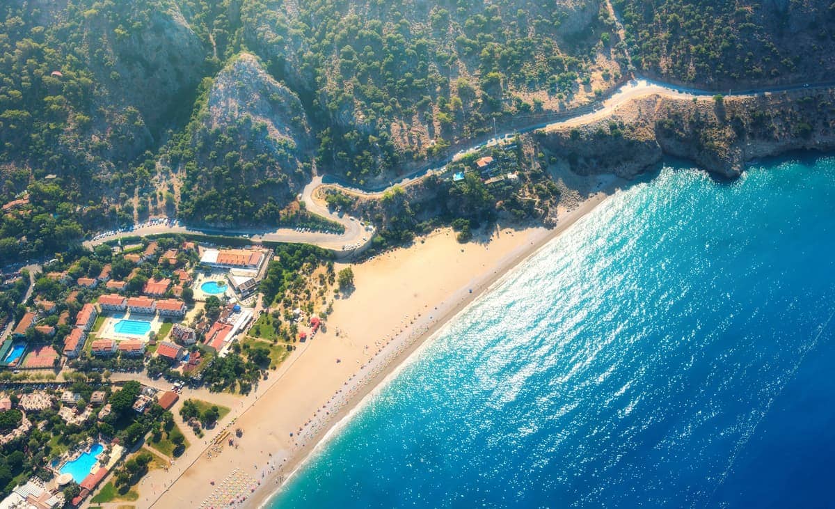 Aerial view of a sandy beach in Oludeniz in Turkey