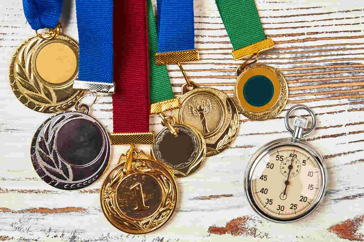 stopwatch and sport medals